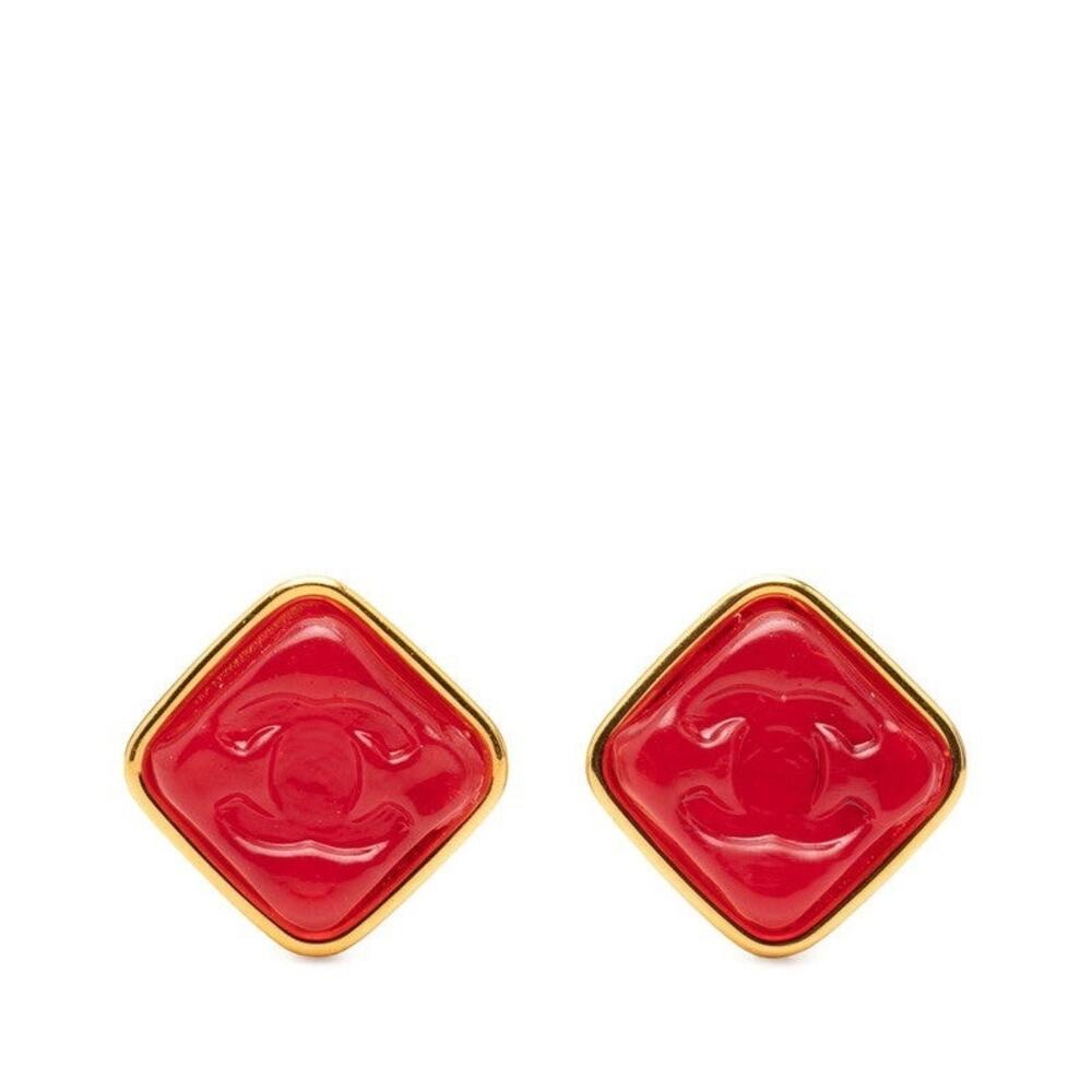 Chanel CC Logo Vintage Earrings 97P Gold Red Plastic Plated